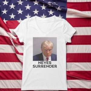 Trump Mug Shot Fulton County GA Never Surrender Women's V-Neck Shirt