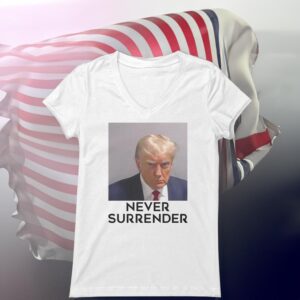 Trump Mug Shot Fulton County GA Never Surrender Women's V-Neck T-Shirts